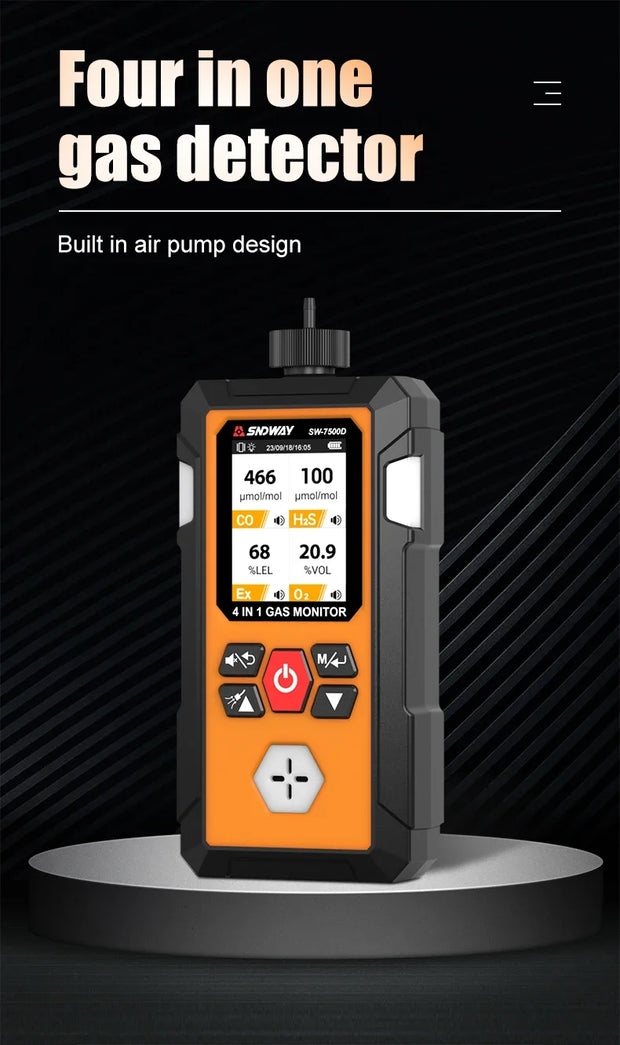 SNDWAY Gas Detector Meter 4 in 1 Oxygen O2 Carbon Monoxide CO H2S Ex Combustible Gas Analyzer Professional Leak Detector