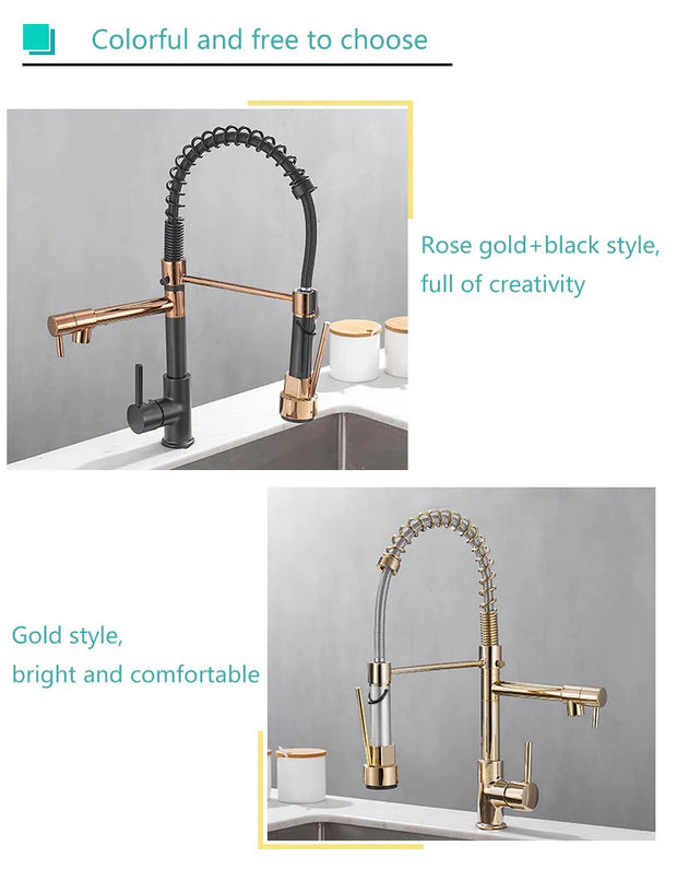 Black and Rose Golden Spring Pull Down Kitchen Water Faucet Hot & Cold Water Mixer Crane Tap Dual Spout Deck Mounted sink Faucet