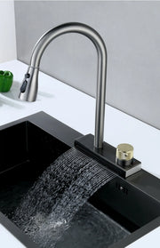 Kitchen 304 Stainless Steel Pull-out Waterfall Single Hole Faucet Dishwashing Basin Cold and Hot Rotatable Mixer Tap