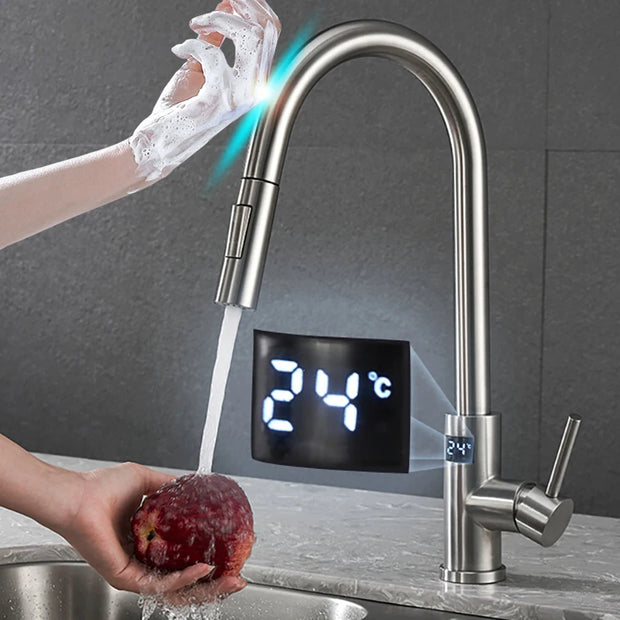 Smart Digital Touch Kitchen Mixer Tap Brushed Pull Out Kitchen Faucet Hot Cold Water Tap Sensor Touch Digital Kitchen Faucet