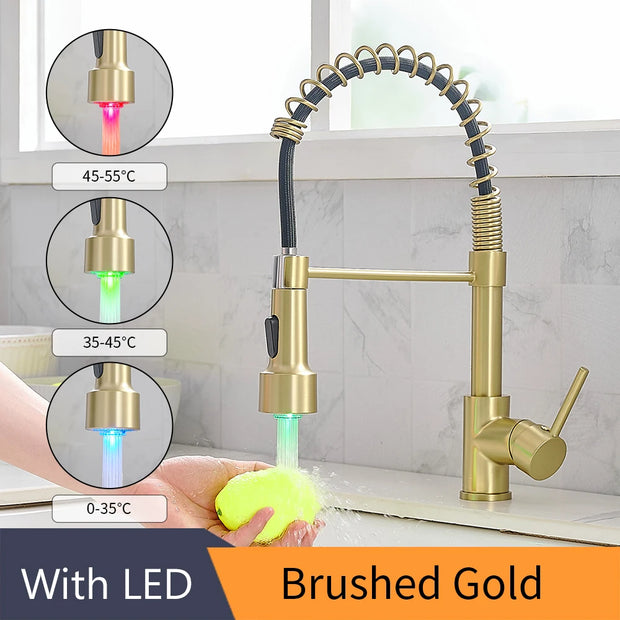 Kitchen Faucets Brush Brass Faucets for Kitchen Sink  Single Lever Pull Down Spring Spout Mixers Tap Hot Cold Water Crane 9009