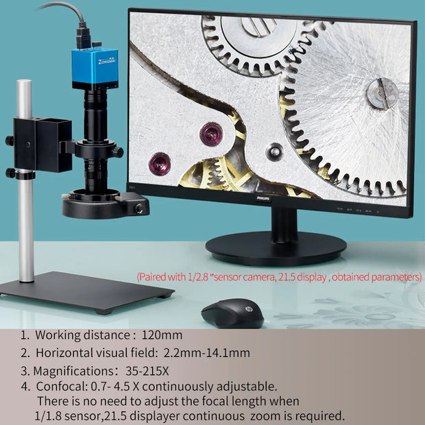 ZONGMAI Industrial Video Microscope Camera C-Mount Type Interface Confocal Adjustable Magnification 0.7X-4.5X Optical Zoom Lens