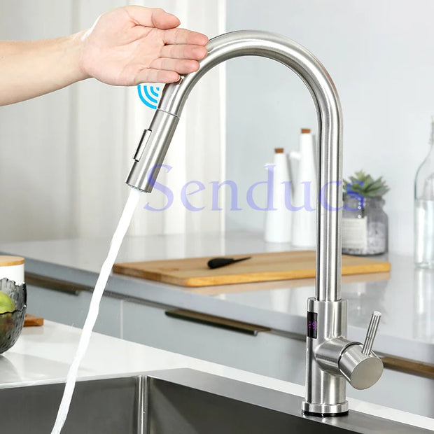 Smart Digital Touch Kitchen Mixer Tap Brushed Pull Out Kitchen Faucet Hot Cold Water Tap Sensor Touch Digital Kitchen Faucet