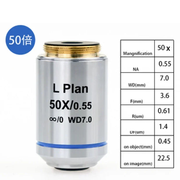 Long Working Distance  Flat Field Infinite Infinity Plan Objective Lens 5X 10X 20X 50X 100X for Biological Microscope RMS 20.2mm