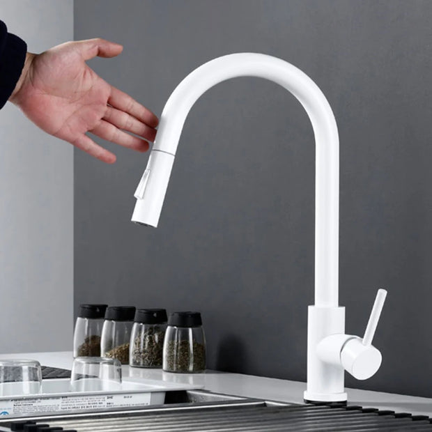 White Sensor Pull Down Kitchen Faucets Hot and Cold Touch Stainless Steel Kitchen Faucets Mixer Home Sensor Touch Kitchen Taps