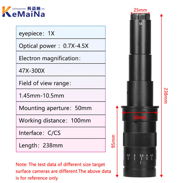 Adjustable 100X 150X 300X 600X zoom C Mount optical lens 0.7X~ 4.5x magnification 10A microscope lens