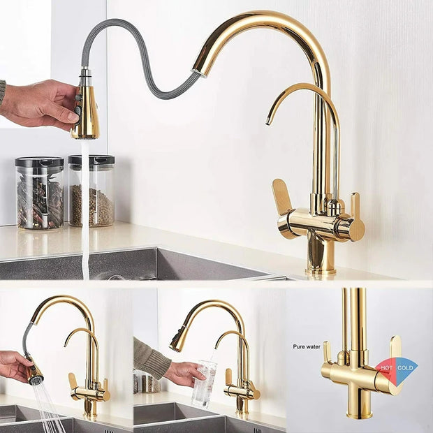 Purify Water Kitchen Faucet Deck Mounted Dual Handle Faucet Purification Kitchen Sink Faucet 2 Swivel Spout Water Mixer Tap