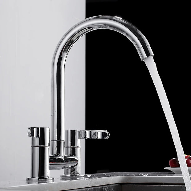 Modern Double Lever Sink Faucet Two Hole Mixing Faucet Brass Bathroom Faucet Filter Kitchen Two Seat Elbow Faucet