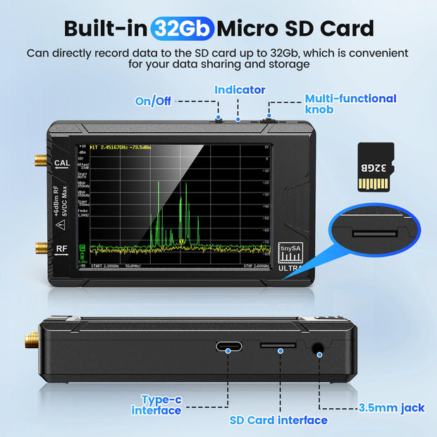 2023 New Handheld 2.8" Display Tiny Spectrum Analyzer TinySA ULTRA 4" Display 100kHz to 5.3GHz with 32GB Card Version V0.4.5.1