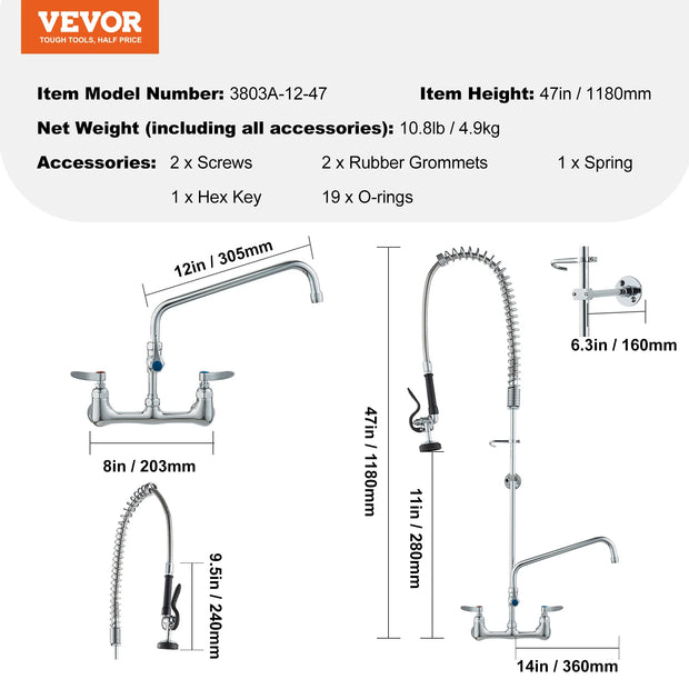 VEVOR Commercial  Faucet with Pre-Rinse Sprayer Wall Mount Kitchen Sink Faucet Brass Constructed Device with Pull Down Spray