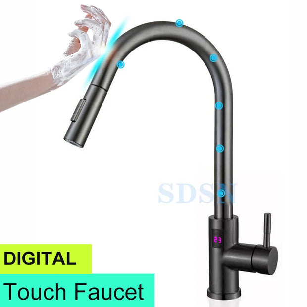 Smart Digital Touch Kitchen Mixer Tap Brushed Pull Out Kitchen Faucet Hot Cold Water Tap Sensor Touch Digital Kitchen Faucet