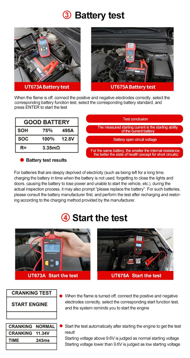 UNI-T Car Battery Tester 12V 24V DC Charger Analyzer UT673A UT675A Capacity Load Tester Cranking System Test 40-2000CCA