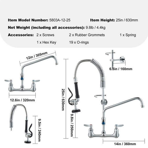 VEVOR Commercial  Faucet with Pre-Rinse Sprayer Wall Mount Kitchen Sink Faucet Brass Constructed Device with Pull Down Spray