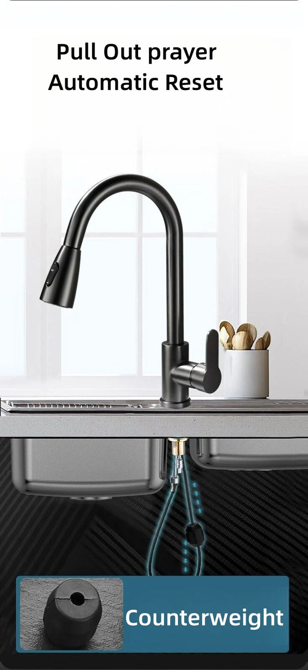 Kitchen Pull Out Faucet Stainless Steel Double Outlet Cold and Hot Water Mixer Dish Washing Basin Sink Retractable Water Tap