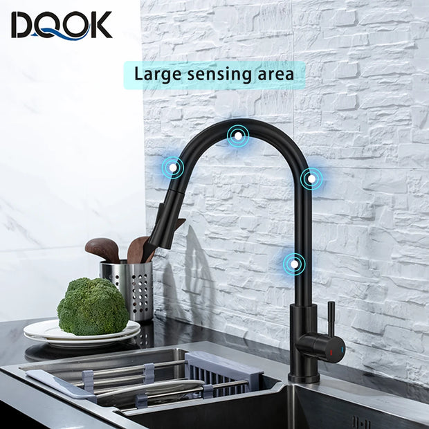 DQOK Kitchen Faucet Pull Out  Brushed Nickle Sensor Stainless Steel Black Smart Induction Mixed Tap Touch Control Sink Tap