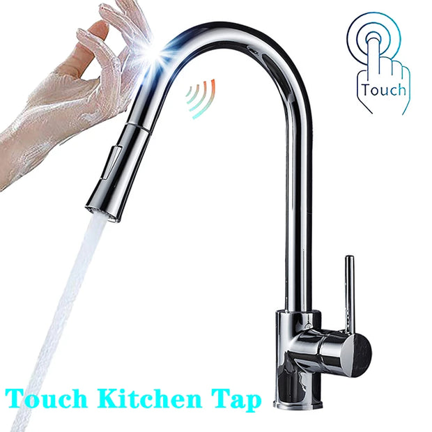 White Sensor Pull Down Kitchen Faucets Hot and Cold Touch Stainless Steel Kitchen Faucets Mixer Home Sensor Touch Kitchen Taps