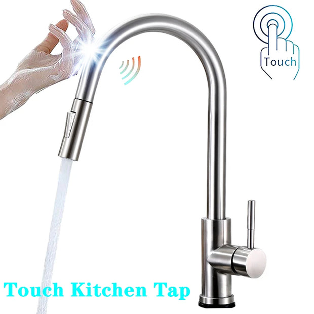 White Sensor Pull Down Kitchen Faucets Hot and Cold Touch Stainless Steel Kitchen Faucets Mixer Home Sensor Touch Kitchen Taps