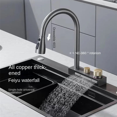 Kitchen 304 Stainless Steel Pull-out Waterfall Single Hole Faucet Dishwashing Basin Cold and Hot Rotatable Mixer Tap