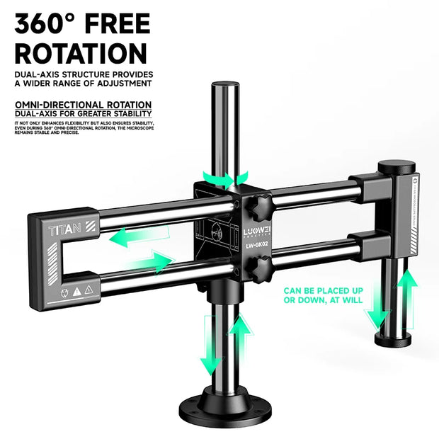 LW-GK02 Dual-Axis Microscope Articulating Arm Bracket 360° Rotatable Swing Aluminum Stand High Load-bearing for Most Microscope