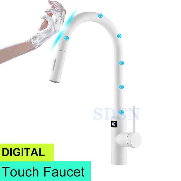 Smart Digital Touch Kitchen Mixer Tap Brushed Pull Out Kitchen Faucet Hot Cold Water Tap Sensor Touch Digital Kitchen Faucet