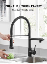 Kitchen Faucets Brush Brass Faucets for Kitchen Sink  Single Lever Pull Down Spring Spout Mixers Tap Hot Cold Water Crane 9009