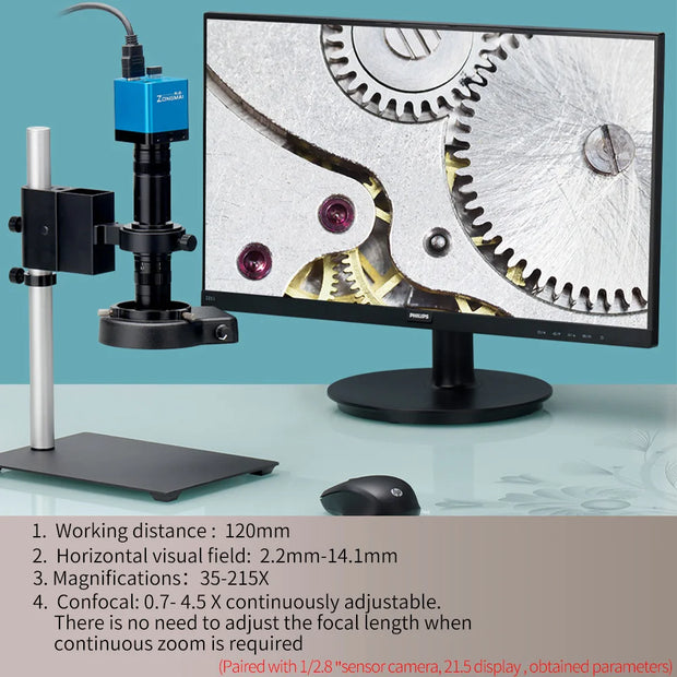 ZONGMAI Industrial Video Microscope Camera C-Mount Type Interface Confocal Adjustable Magnification 0.7X-4.5X Optical Zoom Lens