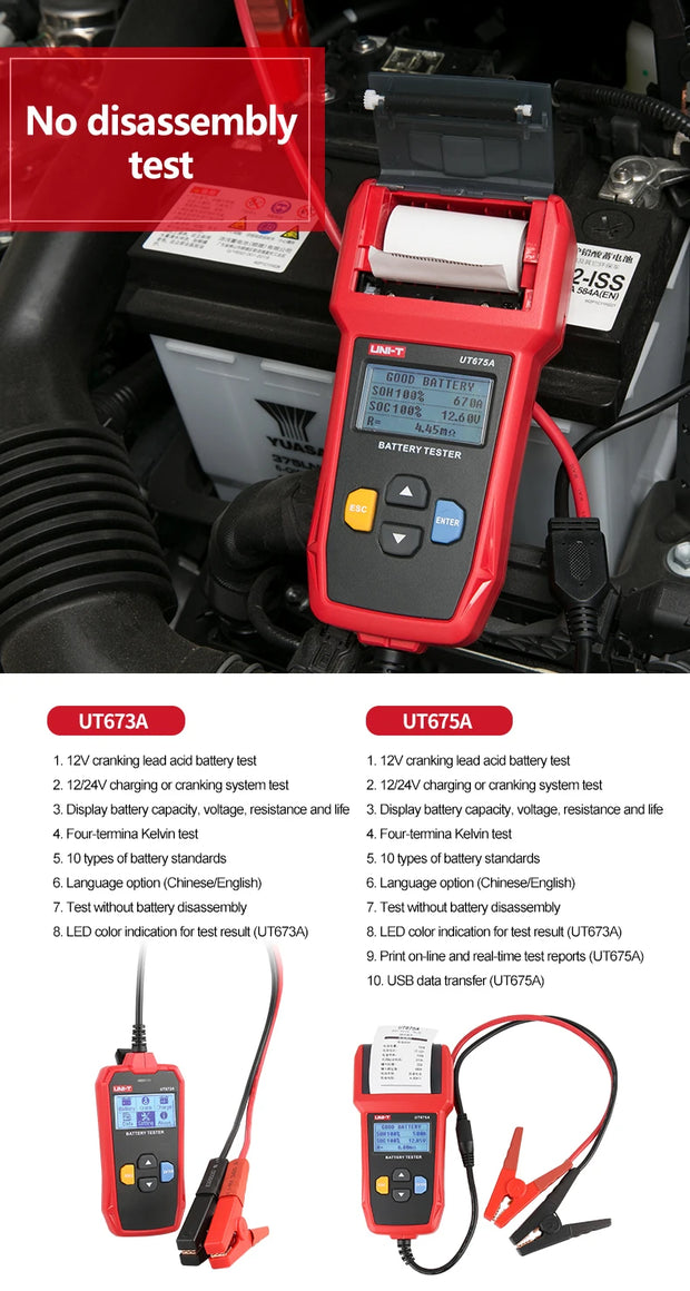 UNI-T Car Battery Tester 12V 24V DC Charger Analyzer UT673A UT675A Capacity Load Tester Cranking System Test 40-2000CCA