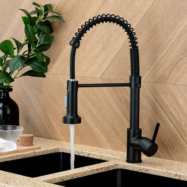 Matte Black Kitchen Sink Faucet One Handle Spring Hot and Cold Water Tap Deck Mounted Bathroom Chrome Kitchen Crane