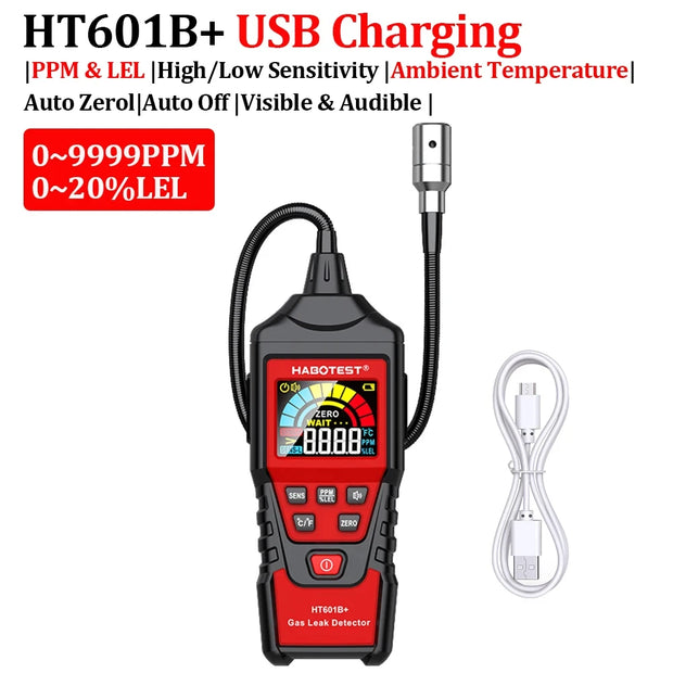 HT601 Gas Leak Detector Analyzer Methane Flammable PPM LEL Combustible Natural Tester Sound&Screen Alarm Alcohol Gas Leak Sensor