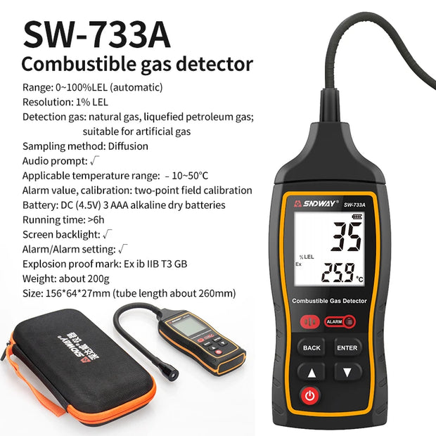 SNDWAY Combustible Gas Detector SW-733A Propane CO Hexane Methane Leak Indicator Port Natural Gas Analyzer 0-100%LEL With Alarm