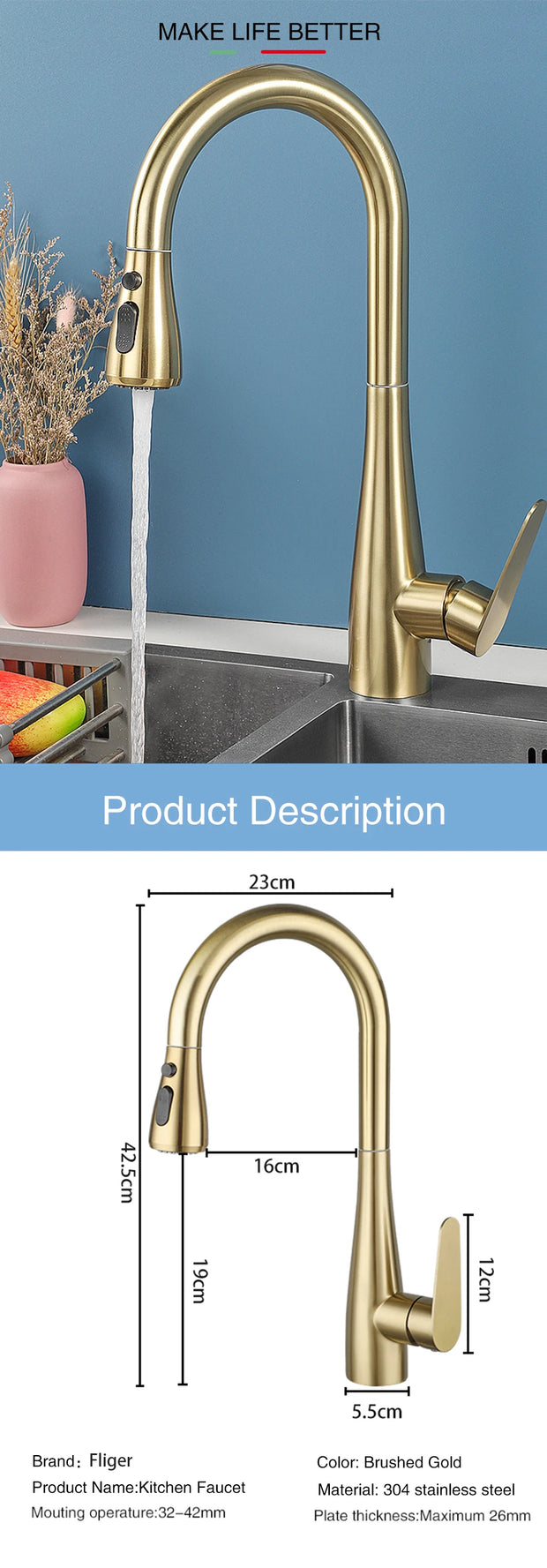 Fliger Pull Out Kitchen Faucet Gold Faucet Stainless Steel Kitchen Sink Faucets Pull Out Spout Kitchen Sink Mixer Tap