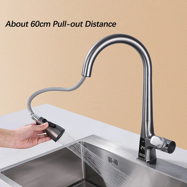 Smart Sensor Pull Out Kitchen Faucet.Touchless Digital Display Water Mixer Tap.Cold Hot Water Three Modes Spout Sink Faucet.