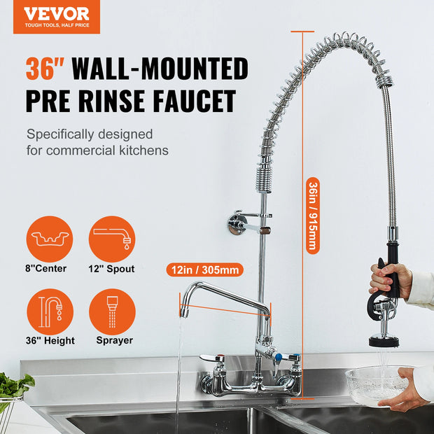 VEVOR Commercial  Faucet with Pre-Rinse Sprayer Wall Mount Kitchen Sink Faucet Brass Constructed Device with Pull Down Spray