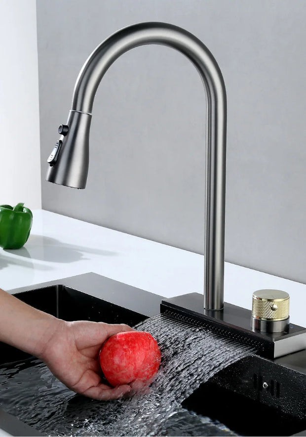 Kitchen 304 Stainless Steel Pull-out Waterfall Single Hole Faucet Dishwashing Basin Cold and Hot Rotatable Mixer Tap