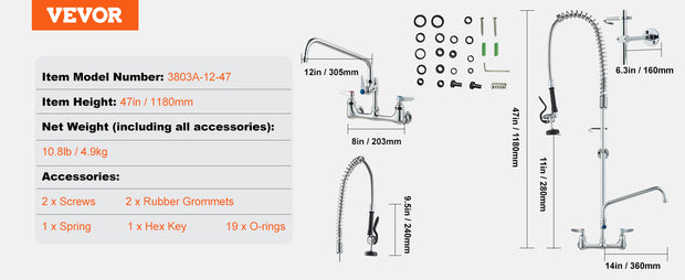 VEVOR Commercial  Faucet with Pre-Rinse Sprayer Wall Mount Kitchen Sink Faucet Brass Constructed Device with Pull Down Spray