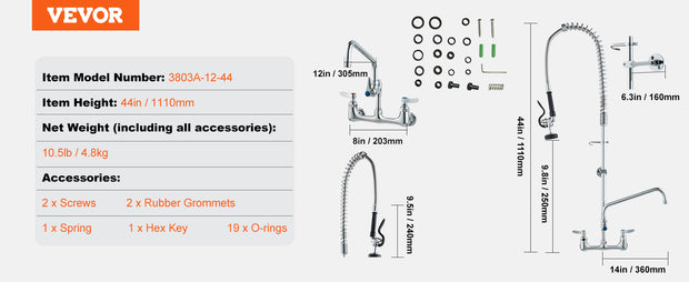 VEVOR Commercial  Faucet with Pre-Rinse Sprayer Wall Mount Kitchen Sink Faucet Brass Constructed Device with Pull Down Spray