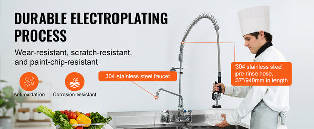 VEVOR Commercial  Faucet with Pre-Rinse Sprayer Wall Mount Kitchen Sink Faucet Brass Constructed Device with Pull Down Spray